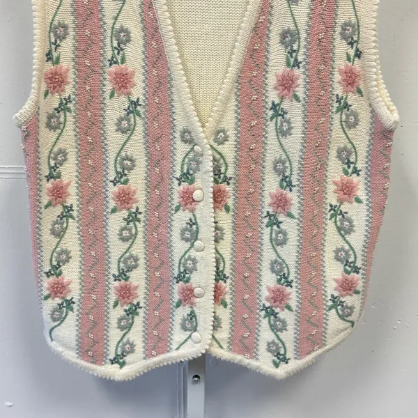 Lucia Vintage Floral Embroidered Crochet Knit Button Vest Sweater Large Pearls - Image 4