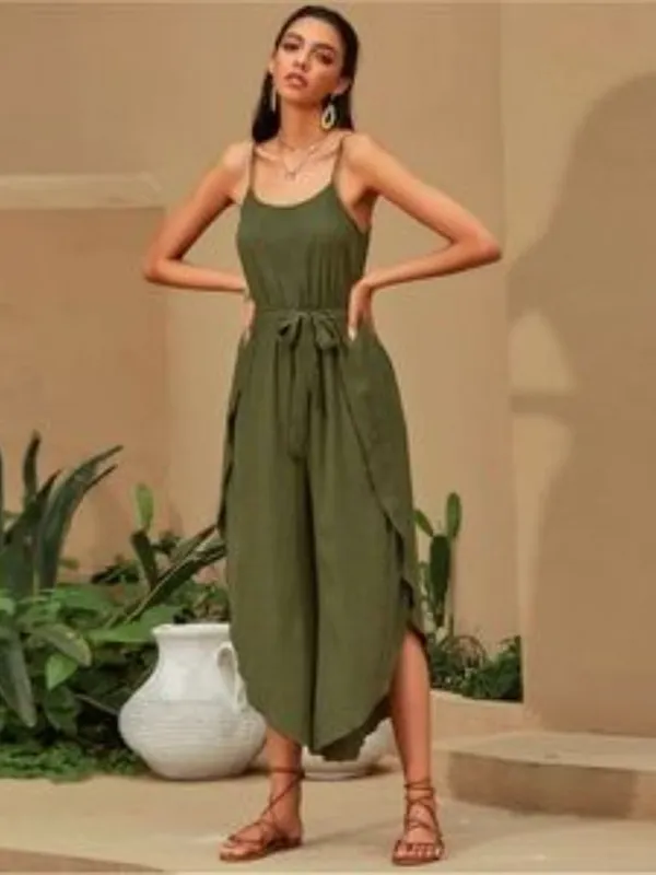 Olive Green High Slit Jumpsuit Spaghetti Strap Belted Wide Leg Boho Women M NWT - Image 4