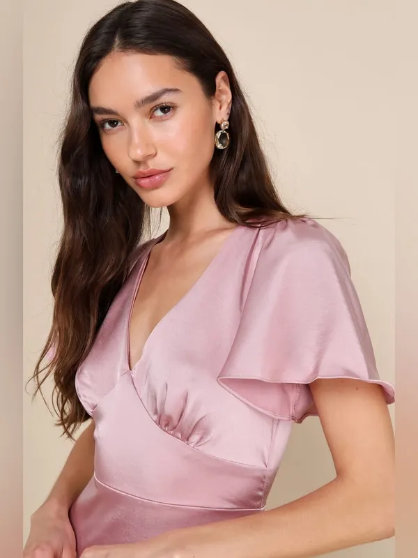 Lulus Eternal Bond Blush Satin Ruffled Flutter Sleeve Maxi Dress Size Small - Image 4