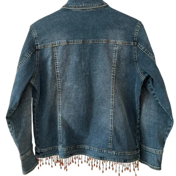 Diane Gilman Women’s Denim‎ Funky Boho Jacket Rhinestone Buttons Beaded Fringe - Image 2