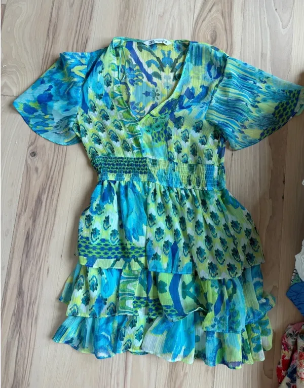 Zara Blue-Green Floral V-Neck Mini Dress - Image 4