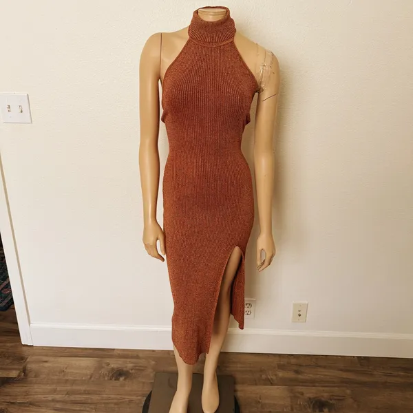 [Superdown] Copper Metallic Arima Halter Neck Knit Midi Sweater Dress Sz Small S - Image 3