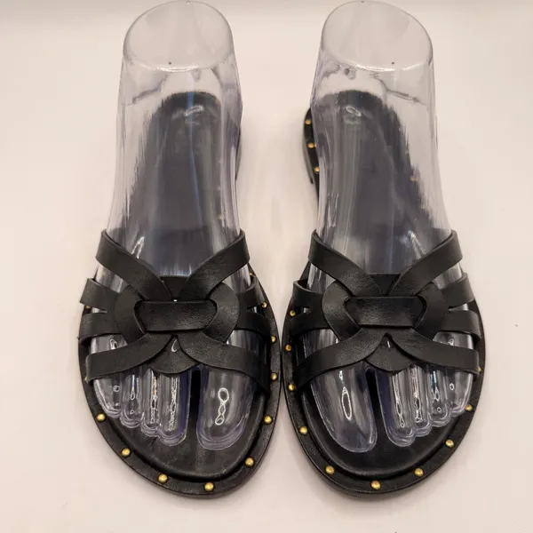 Schutz Black Leather Caged Studded Flat Sandals Size 7.5B Made in Brazil - Image 3