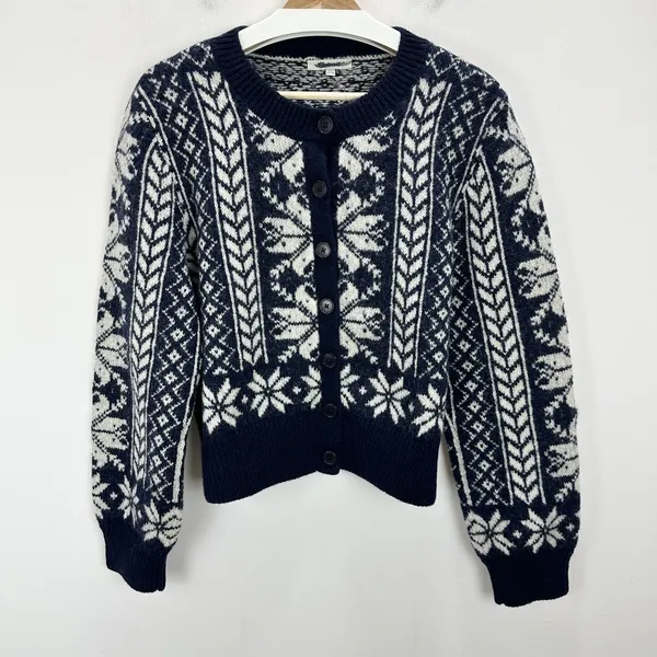 NEW Madewell Fair Isle Cardigan Jacket in Wool Navy Ivory Pattern Womens XL - Image 7