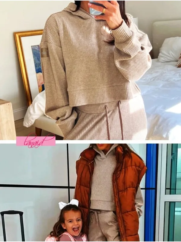 Alo Muse Hoodie Gravel Heather Tan Ribbed Stretchy Sweatshirt Sweater Pullover L - Image 10