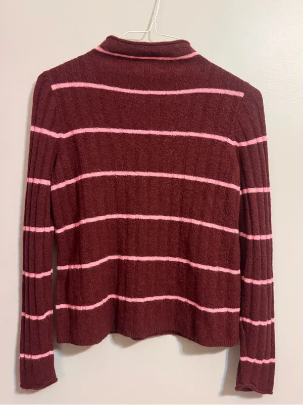Madewell Merino Wool Alpaca Striped Mock Neck Sweater Burgundy Pink S - Image 2