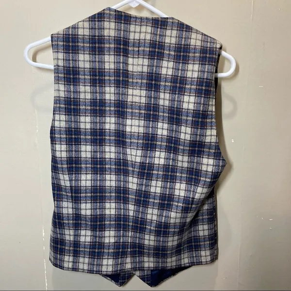 Pendleton Wool Vest 5 Button Down Pockets Plaid Navy Blue Cream Small 34R - Image 5