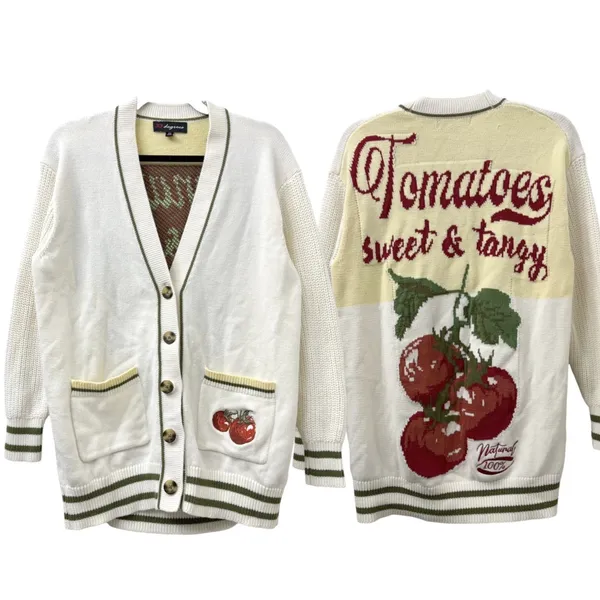 33 Degrees XS Cream Tomato Graphic Chunky Knit Cardigan Cottage Farmer's Market - Image 3