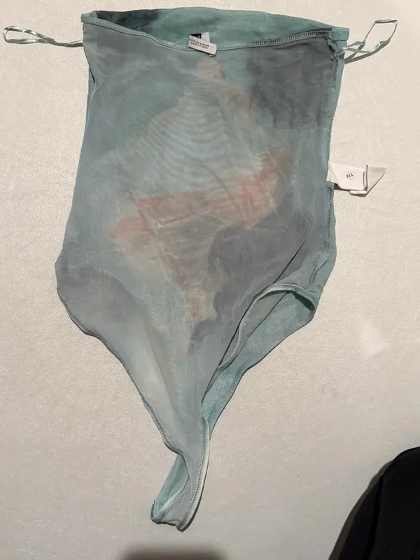 ZARA Sheer Mesh abstract seashell Bodysuit light blue strapless small - Image 7