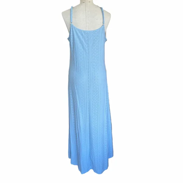 Women's Light Blue Open Knit Eyelet Spaghetti Strap Dress Size L #260550 - Image 3