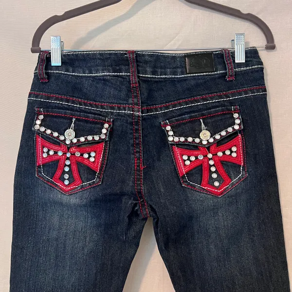 Silver Diva Y2K Red Cross Rhinestone Low Rise Jeans - Image 7