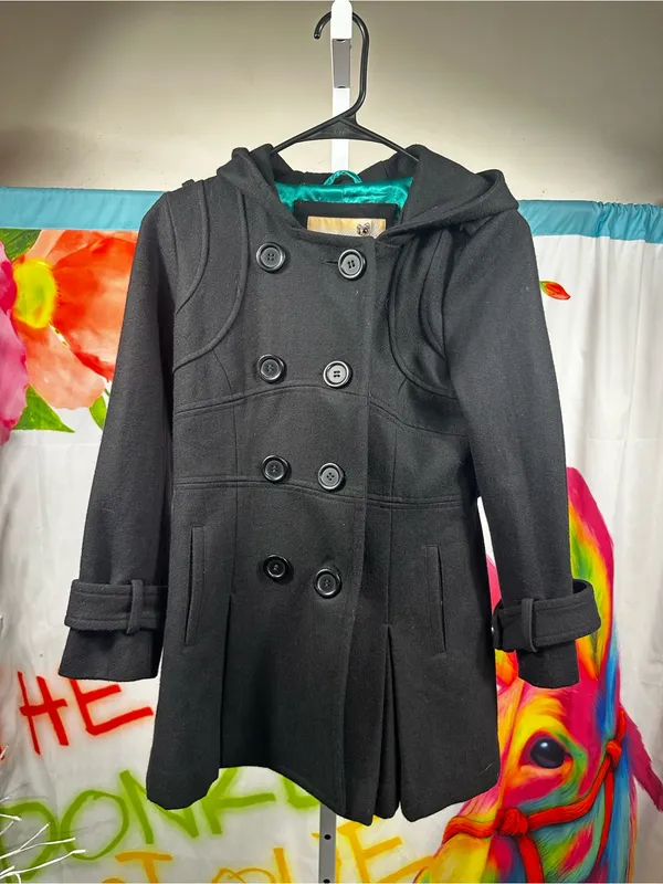 W6Sugarfly- Black Hooded Wool-Blend Pea Coat with Teal Lining - Image 2