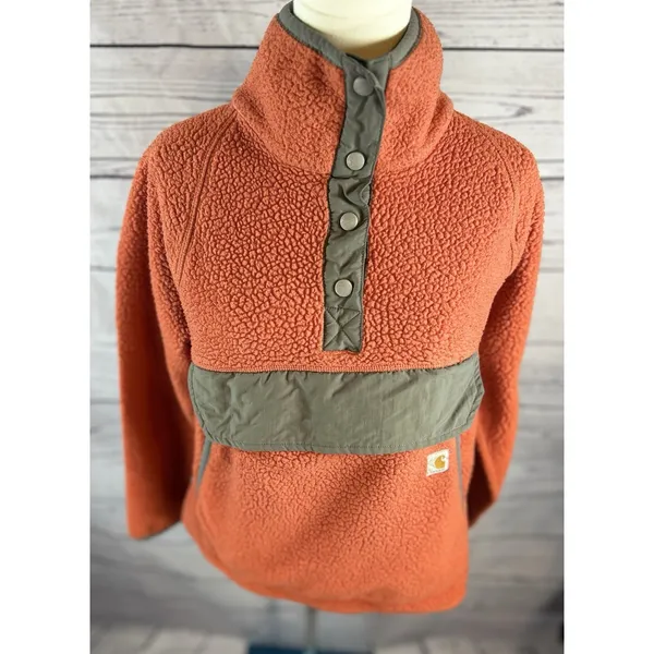 Carhartt Womens Relaxed Fit Fleece Pullover M Orange Snap Front Sherpa - Image 2