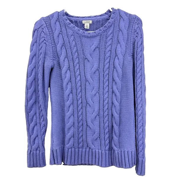 LL Bean Periwinkle Double L Mixed Cable Crew Neck Pullover Cotton Sweater XS Blue - Image 3