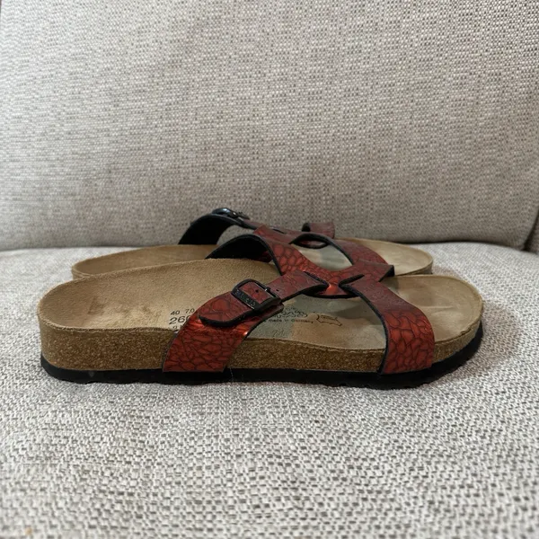 Birkenstock Birki's Sylt Red Snake Scale Print Criss‎ Cross Strap Sandals Size 9 - Image 3