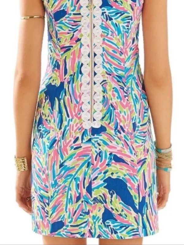 Lilly Pulitzer Cathy Shift Dress (Sz 10) Indigo Palm Reader Cotton Mini Hot Pink - Image 4