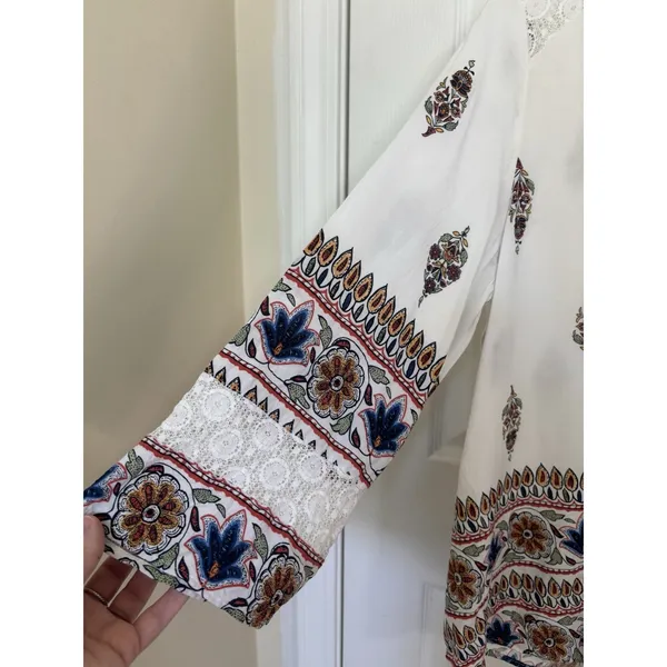 Anthropologie Fig & Flower White Lace Floral Boho 3/4 Sleeve Top XL V-Neck - Image 5