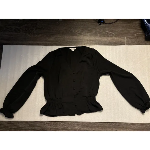 Topshop Black V-Neck Buttondown Smocked Peplum Top 2 Peasant Boho Classic Casual - Image 5