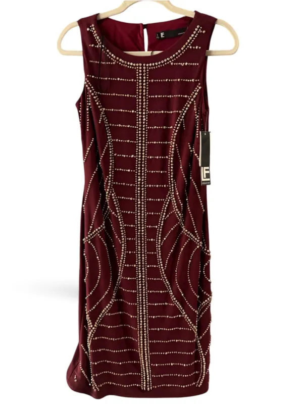 Women's Leslie Fay Mini Dress Size 6 Burgundy Gold Studded Embellished - Image 2