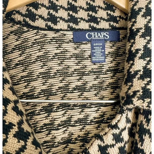 Chaps Houndstooth Knit Moto Jacket Tan Black Asymmetrical Zip Sweater Size Small - Image 6