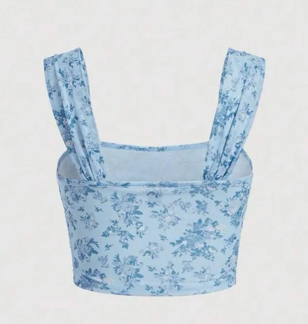 SHEIN Floral Print Ruched Wide Strap Top, Blue, Size M, NWOT - Image 2
