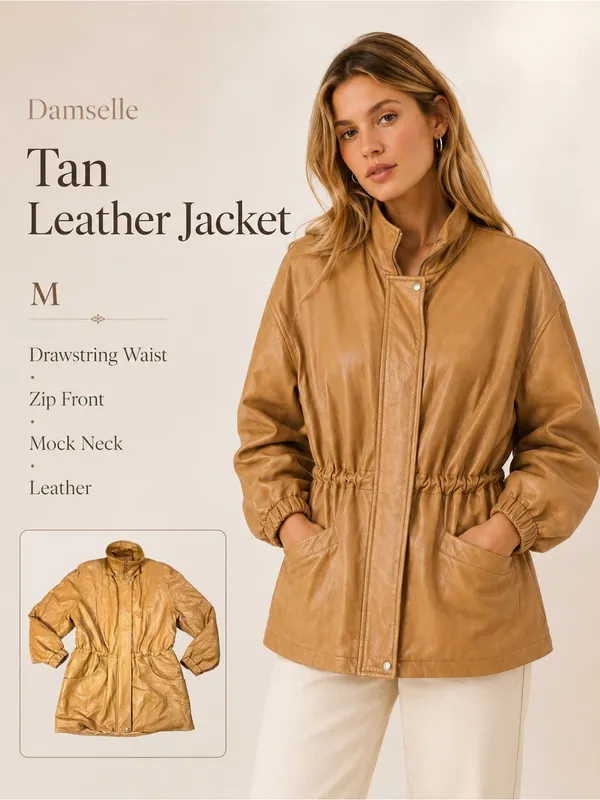 Damselle Nordstrom‎ Drawstring Waist Leather Jacket Tan Size M - Image 2