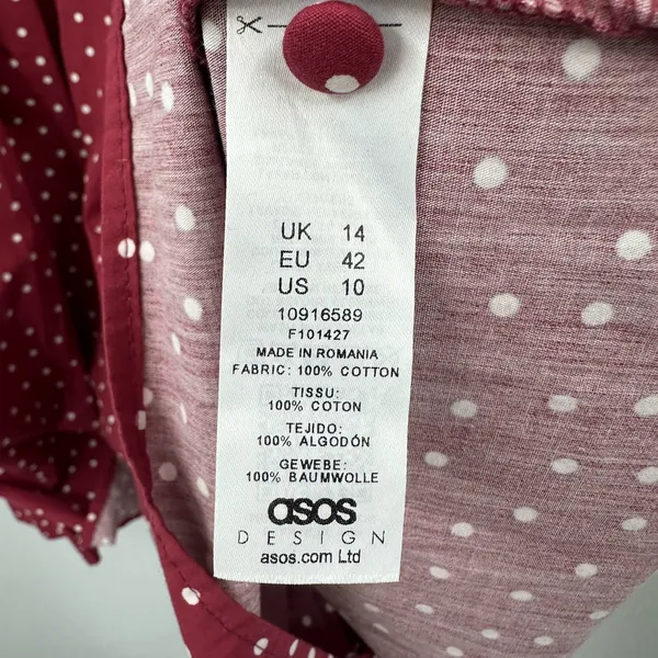 Asos Design‎ Red Burgundy Cotton White Polka Dot Babydoll Mini Dress Size 10 - Image 5