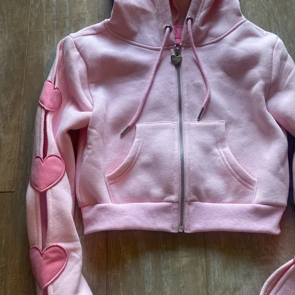 Dollskill Sugar Thrillz cut out heart sleeve baby pink crop hoodie sweater XS NEW - Image 4