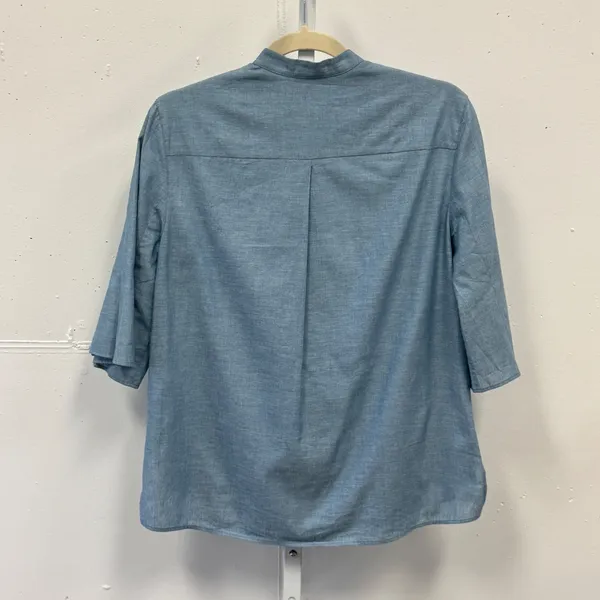 Akris Punto Blue Chambray Mandarin Collar Pleated Sleeve Blouse 4 Quiet Luxury - Image 3