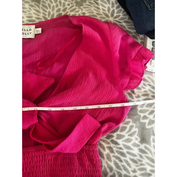 Hello Molly Pink Tiered Ruffle Mini Dress Small Tie Front Smocked Boho Romantic - Image 6