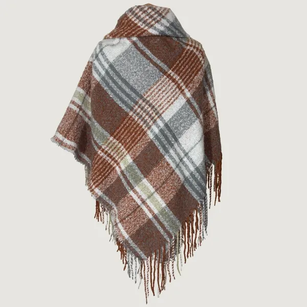 3019 | NWT Rustic Fall Plaid Fringe Toggle Wrap Shawl Poncho Rust OS Cozy Orange - Image 2