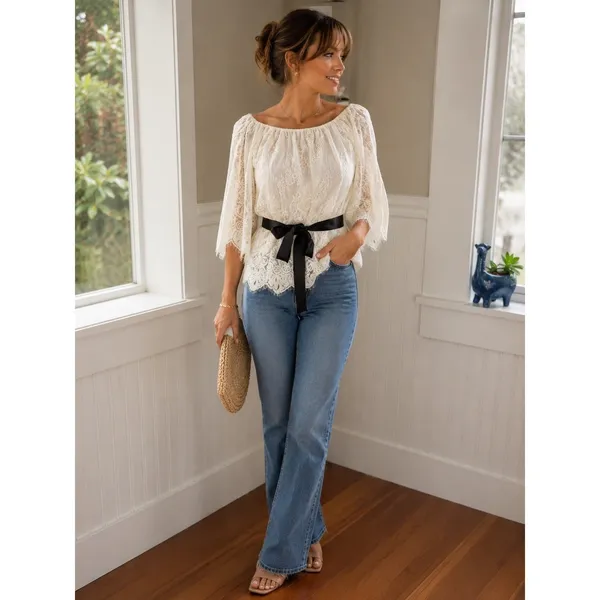 NWT Teri Jon Ivory‎ Lace Off Shoulder Blouse Black Satin Belt Size 4 - Image 13