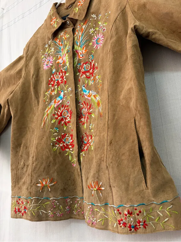 Avanti New York Embroidered Suede Jacket Birds Flowers Brown women’s size XL(C64 - Image 5