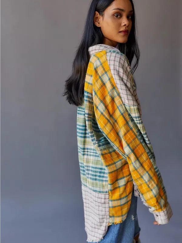 UO Ted Patchwork Yellow Flannel Shirt Button Down Plaid Urban Outfitters Size XS - Image 3