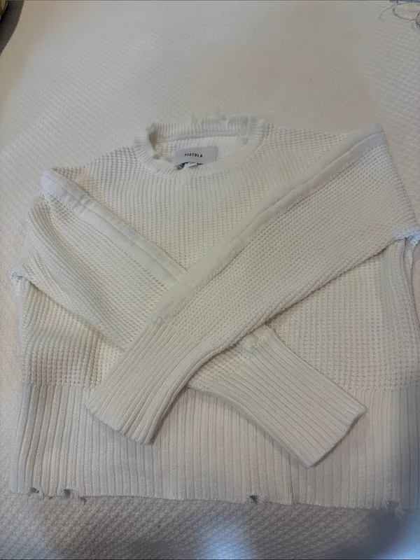 Pistola White Distressed Waffle-Knit Crewneck Sweater - Image 5