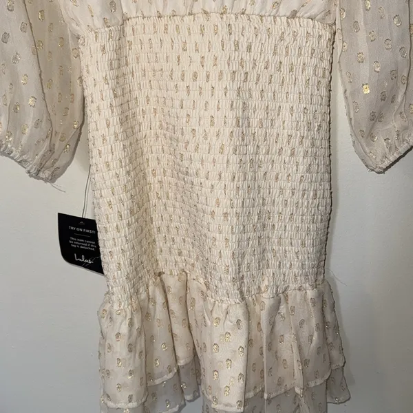 Lulus gold shimmer dot ruffle mini dress NWT size‎ small - Image 8