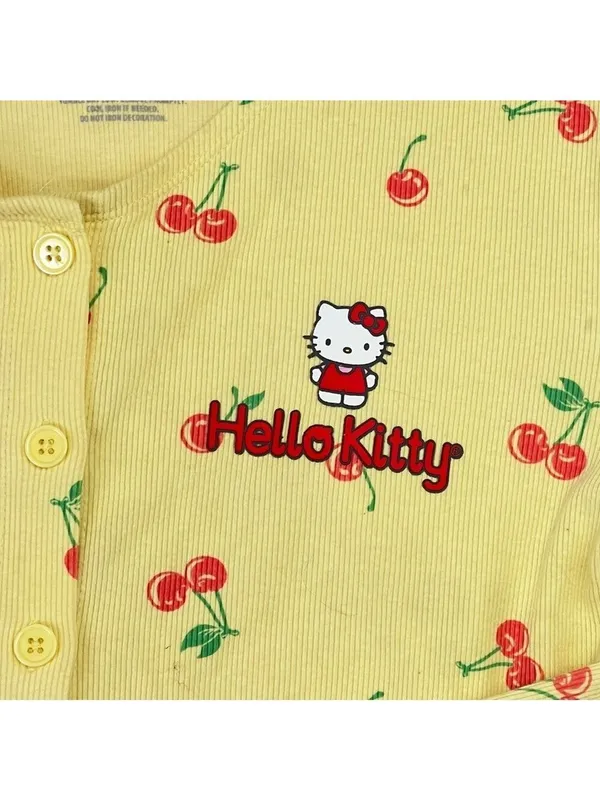 Hello Kitty Cardigan Sz M Yellow Ribbed Baby Doll Cropped Long Sleeve Button up - Image 7