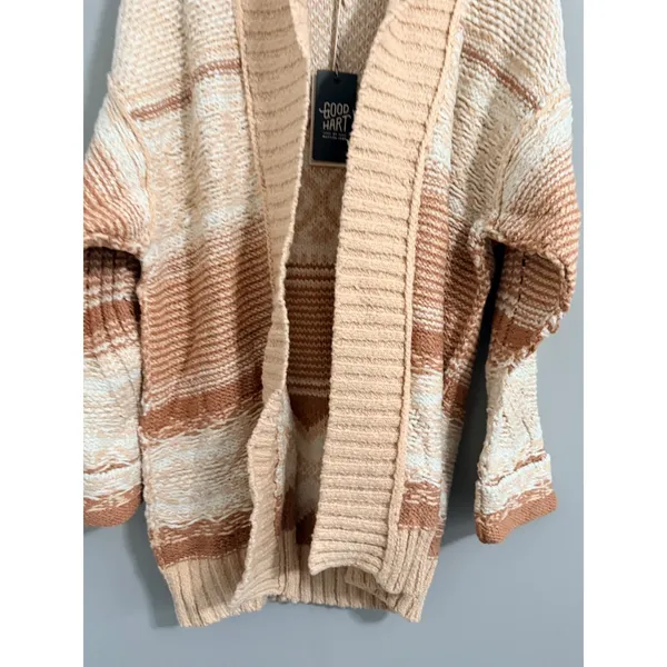 Good Hart Open Front Cardigan Women Size M Tan Striped Southwestern Chunky Knit - Image 2