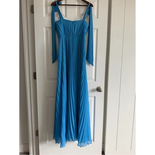 Blue Pleated Maxi Dress Tie Shoulder Formal Gown NWOT Size Small - Image 4