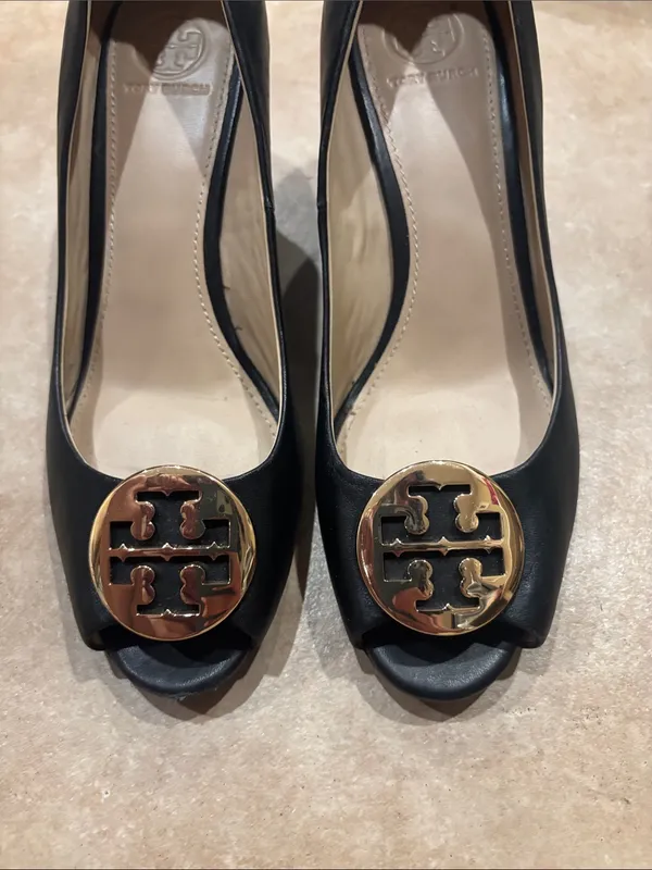 Tory Burch Black & Gold Sally Peep Toe Leather Wedges - Image 2