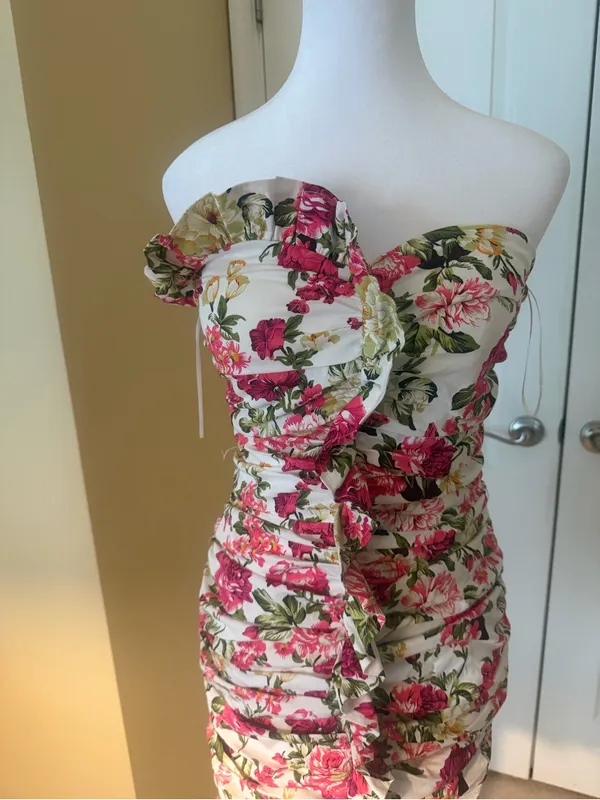 Floral Strapless Ruffle Mini Dress in White, Pink & Green - Image 2