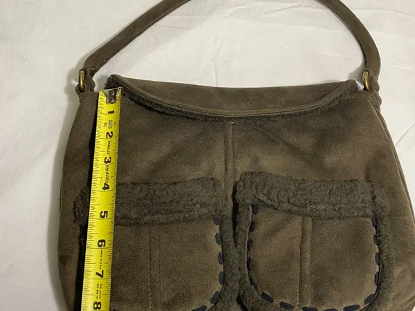 Vintage Brown Faux Suede Shearling Trim Handbag Boho Hobo Shoulder Bag Purse - Image 3