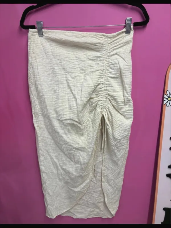 Free People Natural Cerine Ruched Midi Skirt Ivory Gauze Size 10 - Image 3