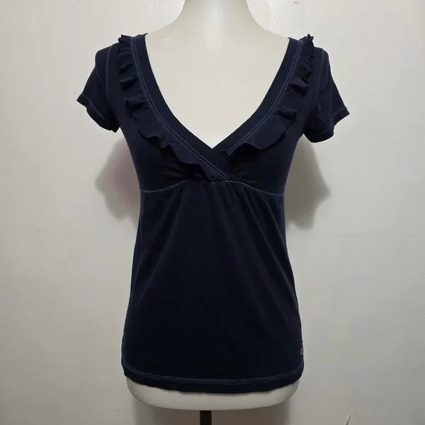 Hollister Navy Blue Ruffle V-Neck Babydoll Knit Top Small Coquette Y2K Aesthetic - Image 2