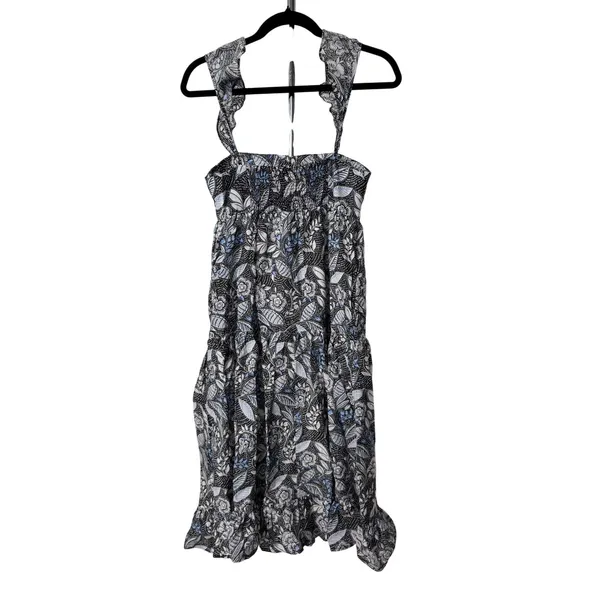 Summersalt Ruffle Oasis Dress Blue Black Floral Tiered Smocked Midi SM - Image 5