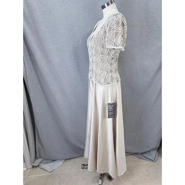 Vintage Stenay Beaded Silk Gown Ivory Geometric Seed Pearl Bodice Formal‎ Maxi 8 - Image 10