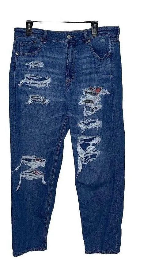 American Eagle Mom Straight Jean Blue Jeans Denim Ripped Plaid Patch Size 16 - Image 9