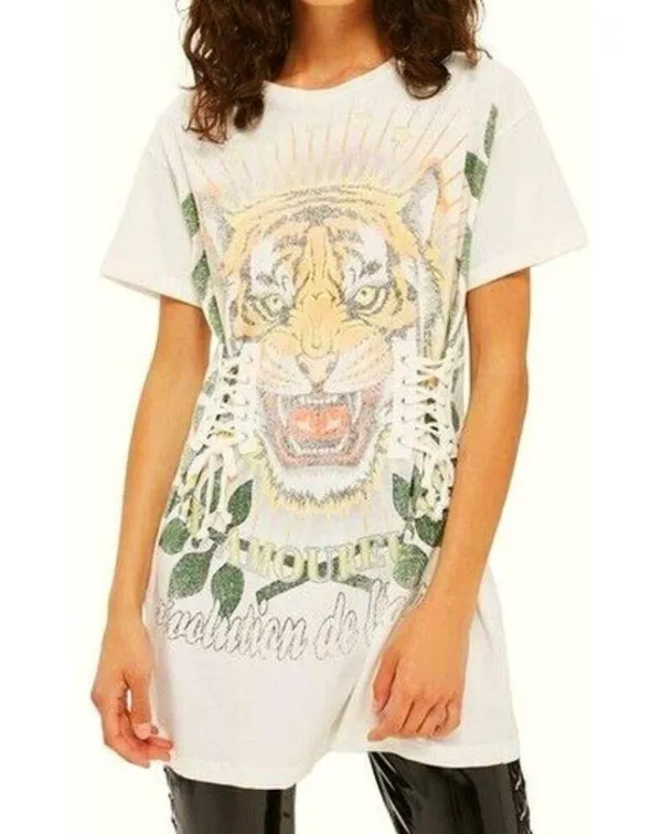 Tiger Corset Longline Tunic Tee Cream Lace-Up Edgy Cat Animal Long Top 0 - Image 2