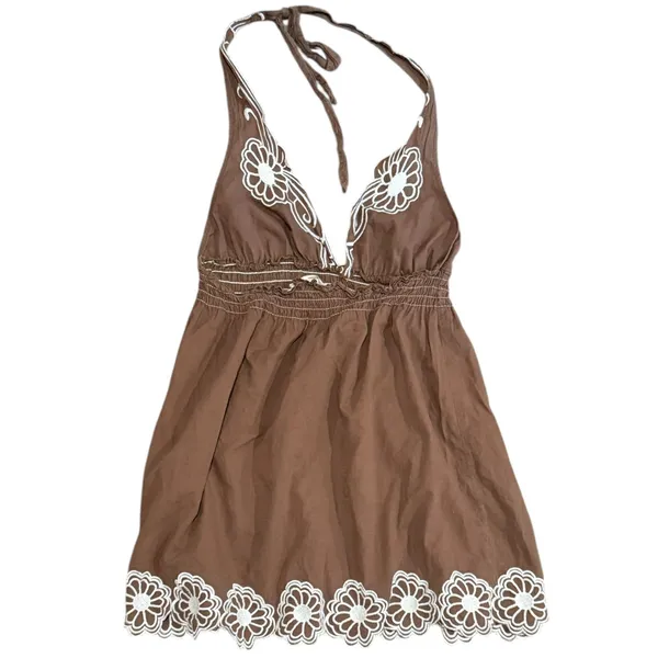 Vtg Y2K Floral Embroidered Halter Babydoll Top Sz 8 Brown Smocked Boho Festival - Image 2