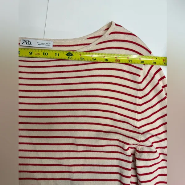 Zara women's viscose ecru and red striped long sleeve knit sweater size L - Image 4